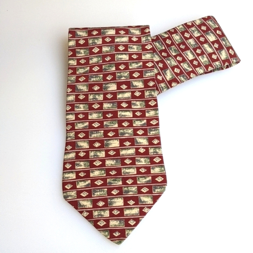 Vintage Designer Italian Silk Tie  - ZYLOS GEORGE MACHADO - Maroon Red Gray Tan